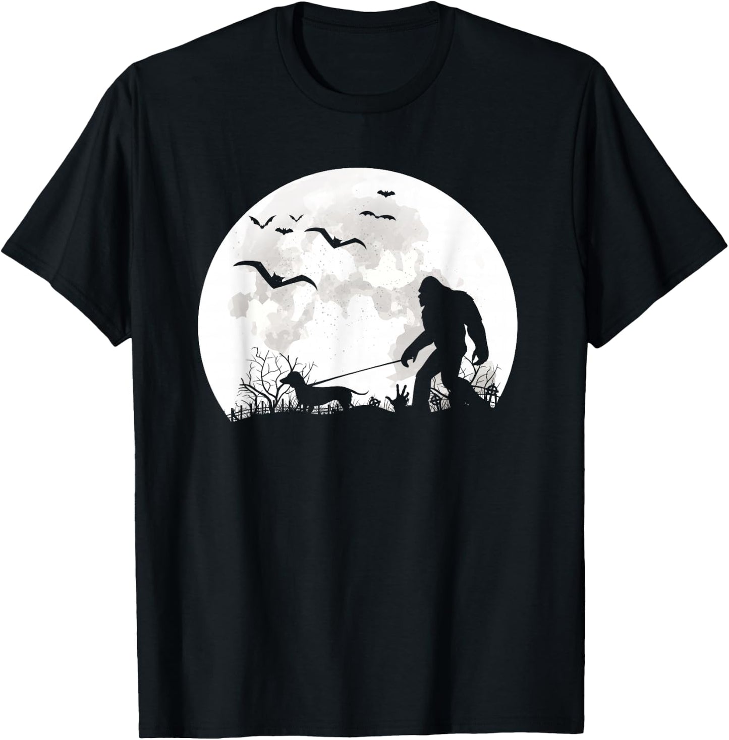 Bigfoot Walking Dachshund Dog Moon Sasquatch Halloween Dog T-Shirt - T-Shirt | Black