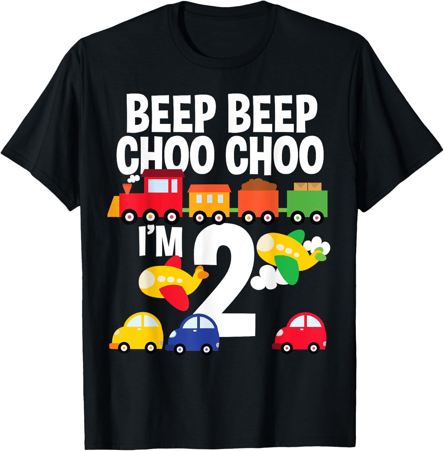 I'm 2 Birthday Boy 2nd Bday Trains Cars Airplanes T-Shirt - T-Shirt | Black