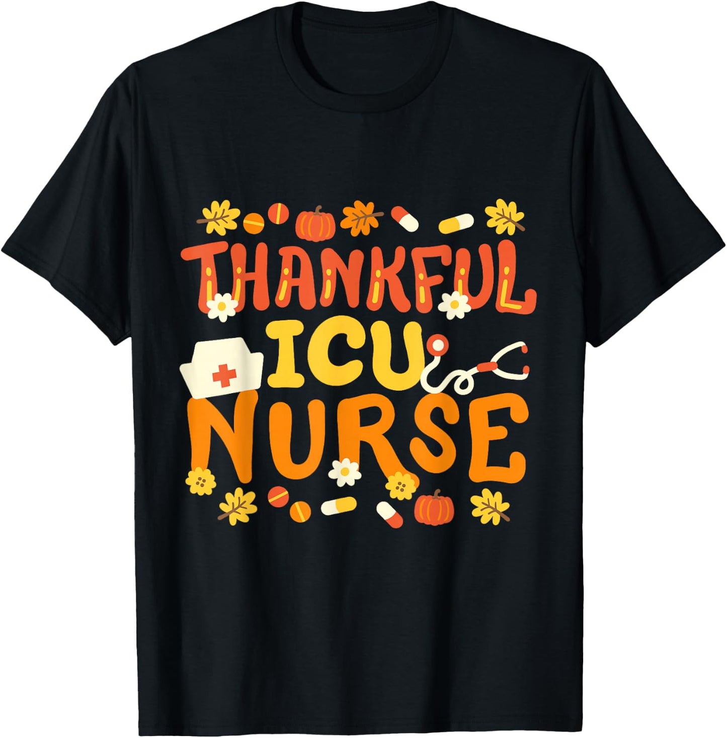 Thankful ICU Nurse Retro Groovy Thanksgiving RN Men Women T-Shirt - T-Shirt | Black