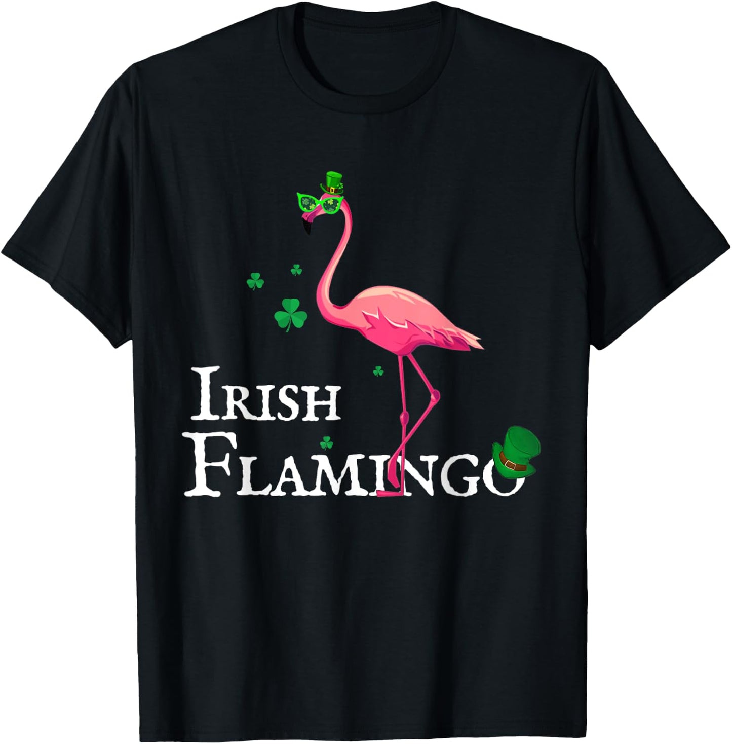 Funky Irish Pink Flamingo Green Bird St Pattys Day T-Shirt - T-Shirt | Black