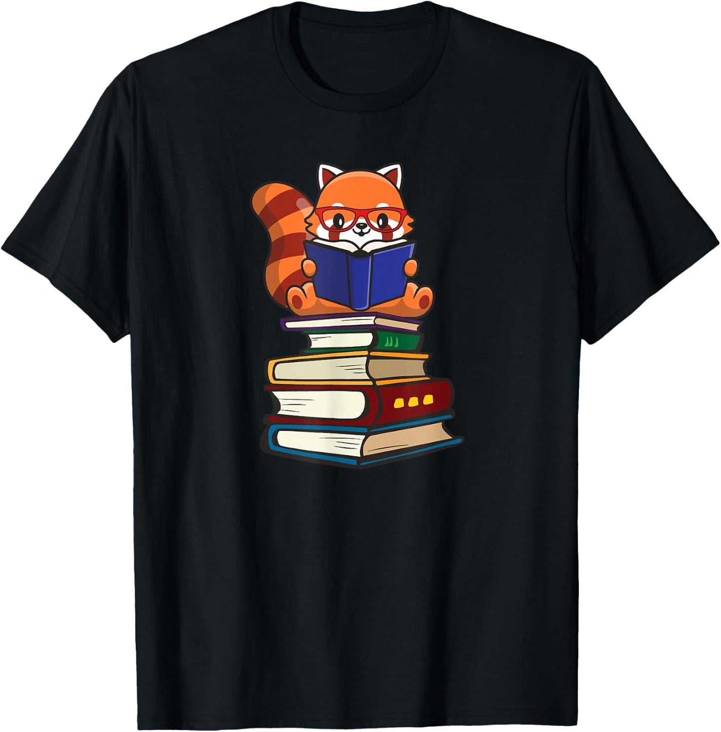 Cute Kawaii Kids Reading Books Glasses Red Panda Lover T-Shirt - T-Shirt | Black