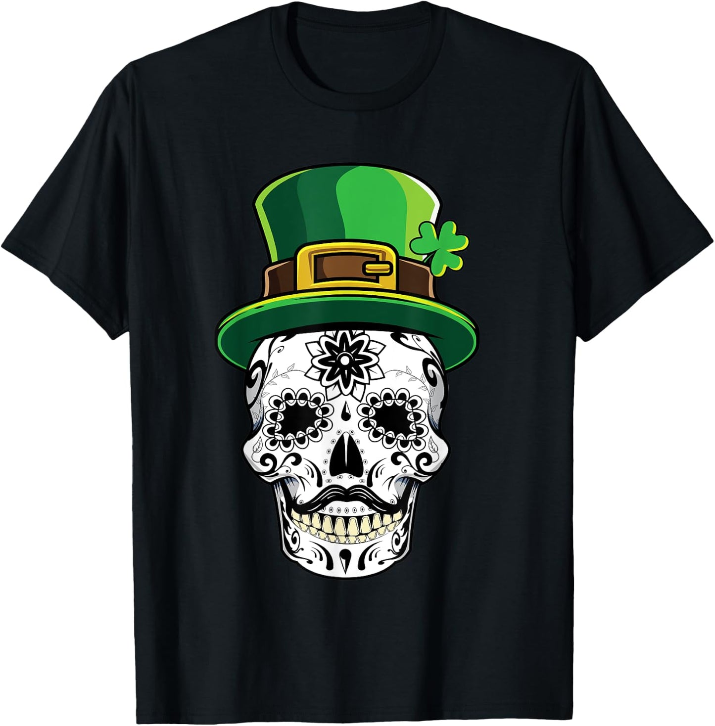 Four Leaf Clover Shamrock Sugar Skull St Patricks Day Gift T-Shirt - T-Shirt | Black