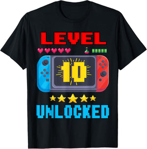 10th Birthday Boy Level 10 Unlocked Video Gamer Birthday T-Shirt - T-Shirt | Black
