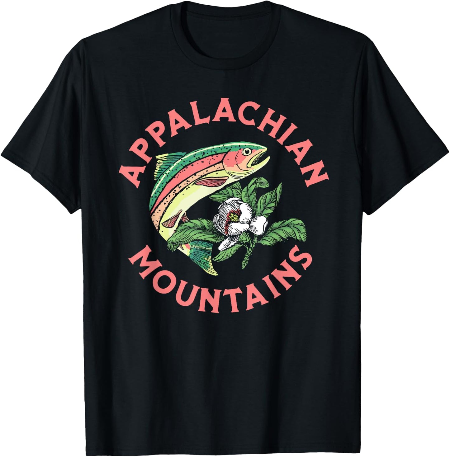 Appalachian Mountains Rainbow Trout & Mountain Laurel T-Shirt - T-Shirt | Black