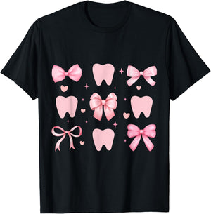Cute Tooth Dental Assistant Coquette Bow Hygiene Oral RDH T-Shirt - T-Shirt | Black