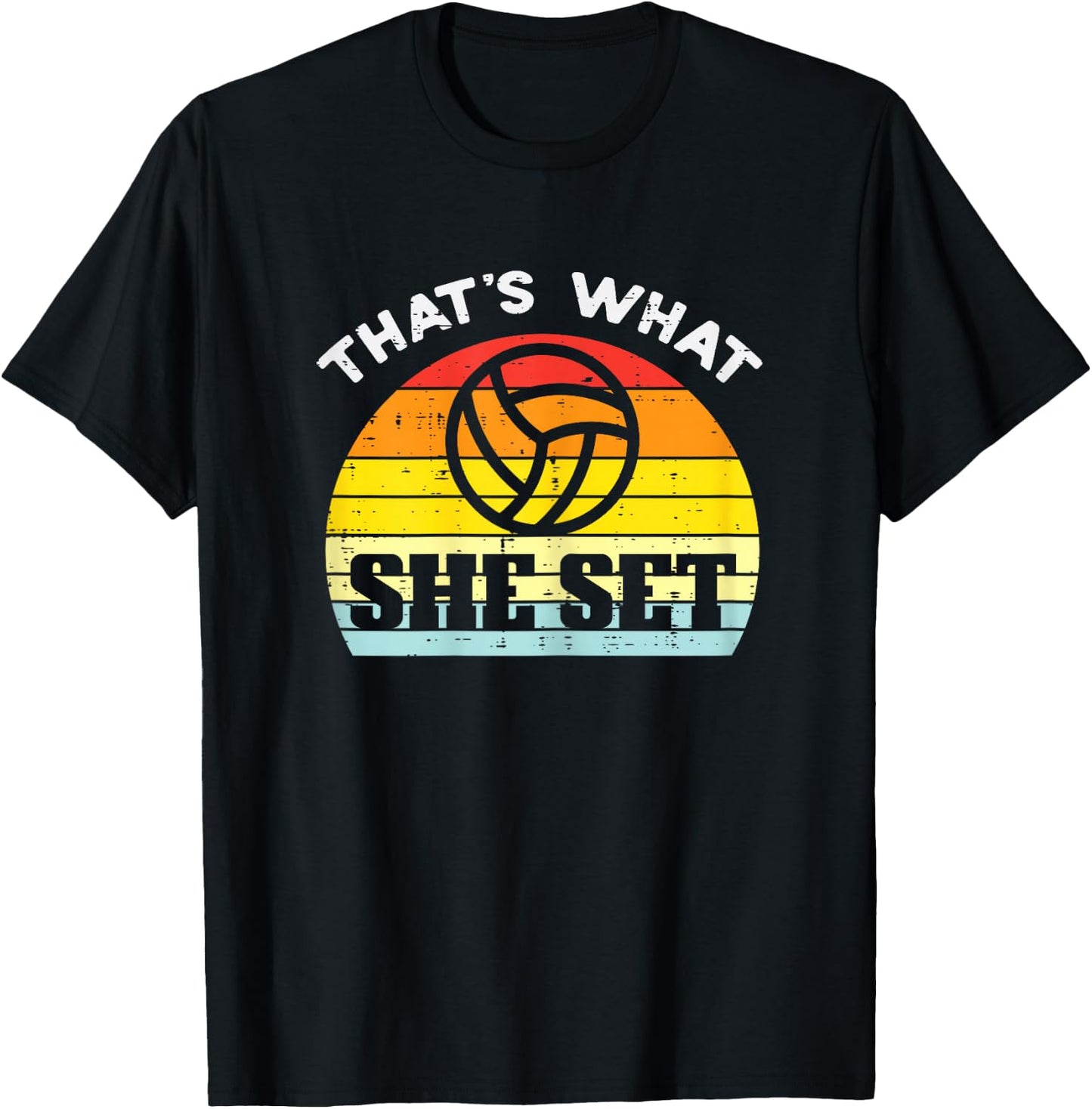 What She Set Volleyball Sunset Retro Setter Girls Women T-Shirt - T-Shirt | Black