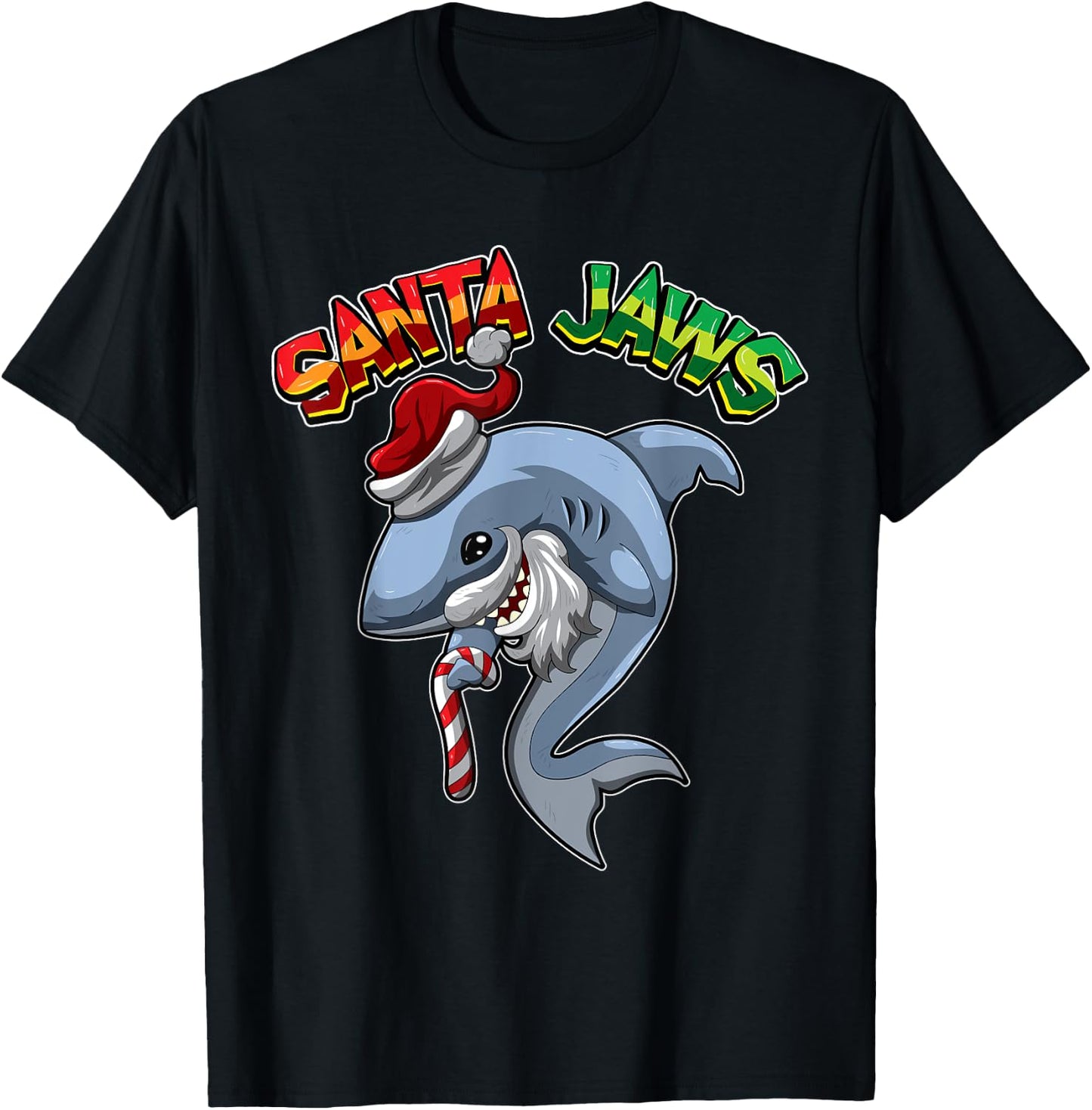 Santa Jaws - Shark Dressed As Santa Claus - Xmas Pun T-Shirt - T-Shirt | Black