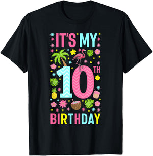 It's My 10th Birthday Flamingo Hawaii 10 Yrs Old Girl T-Shirt - T-Shirt | Black