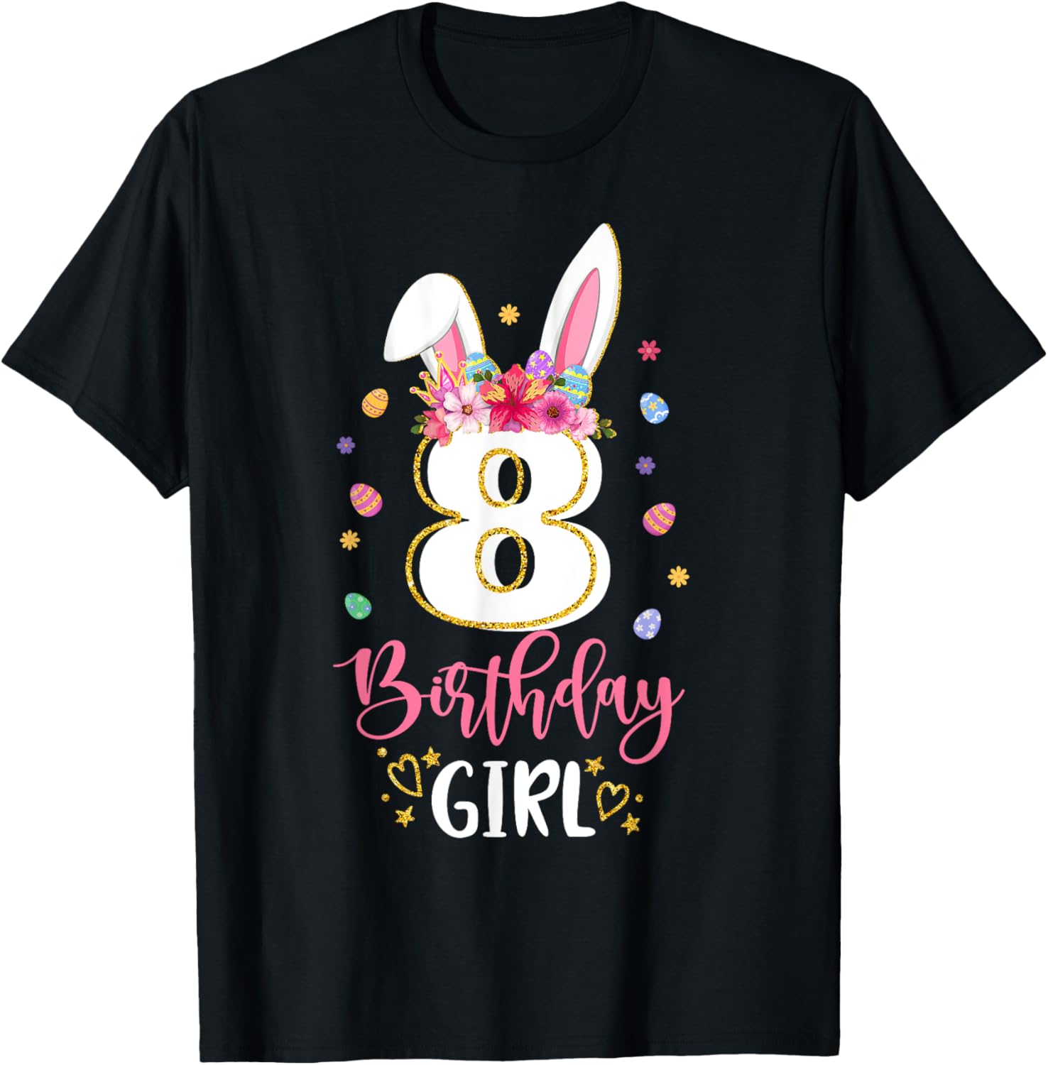 Birthday Princess Floral Bunny 8th Birthday Girl 8 Yrs Old T-Shirt - T-Shirt | Black