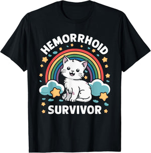 Oddly Specific Meme Embarrassing Adult Humor Hemorrhoid Survivor Cat , Small, Black T-Shirt - T-Shirt | Black