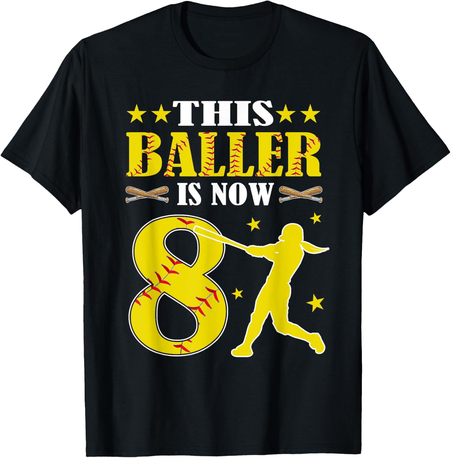 This Baller Is Now 8 Year Old Birthday Girl Softball 8th T-Shirt - T-Shirt | Black