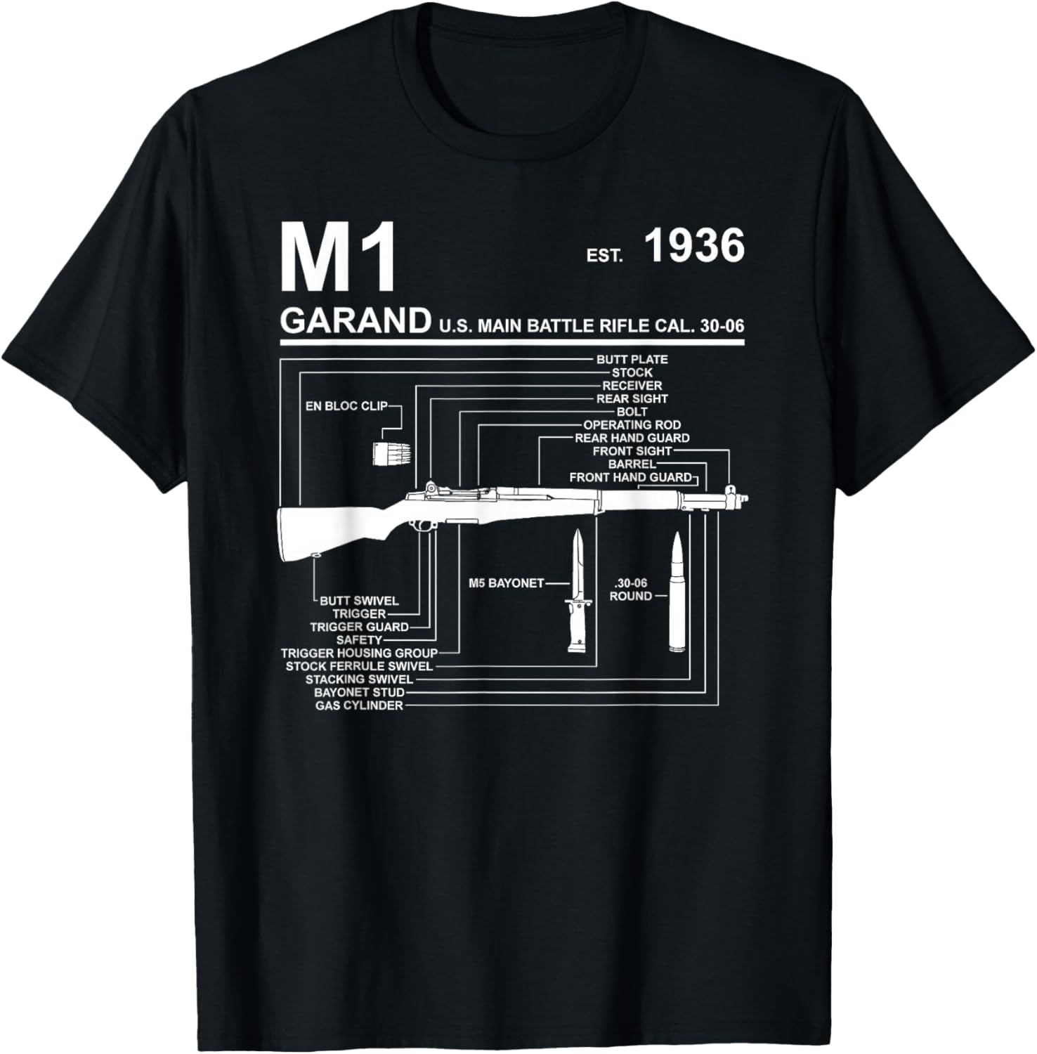 Dinosaurus Rekx M1 Garand Rifle Gun WWII Graphic - Black, , Short Sleeve, Classic Fit, Cotton 65% Polyester 35%, Small T-Shirt - T-Shirt | Black