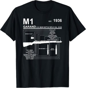 Dinosaurus Rekx M1 Garand Rifle Gun WWII Graphic - Black, , Short Sleeve, Classic Fit, Cotton 65% Polyester 35%, Small T-Shirt - T-Shirt | Black