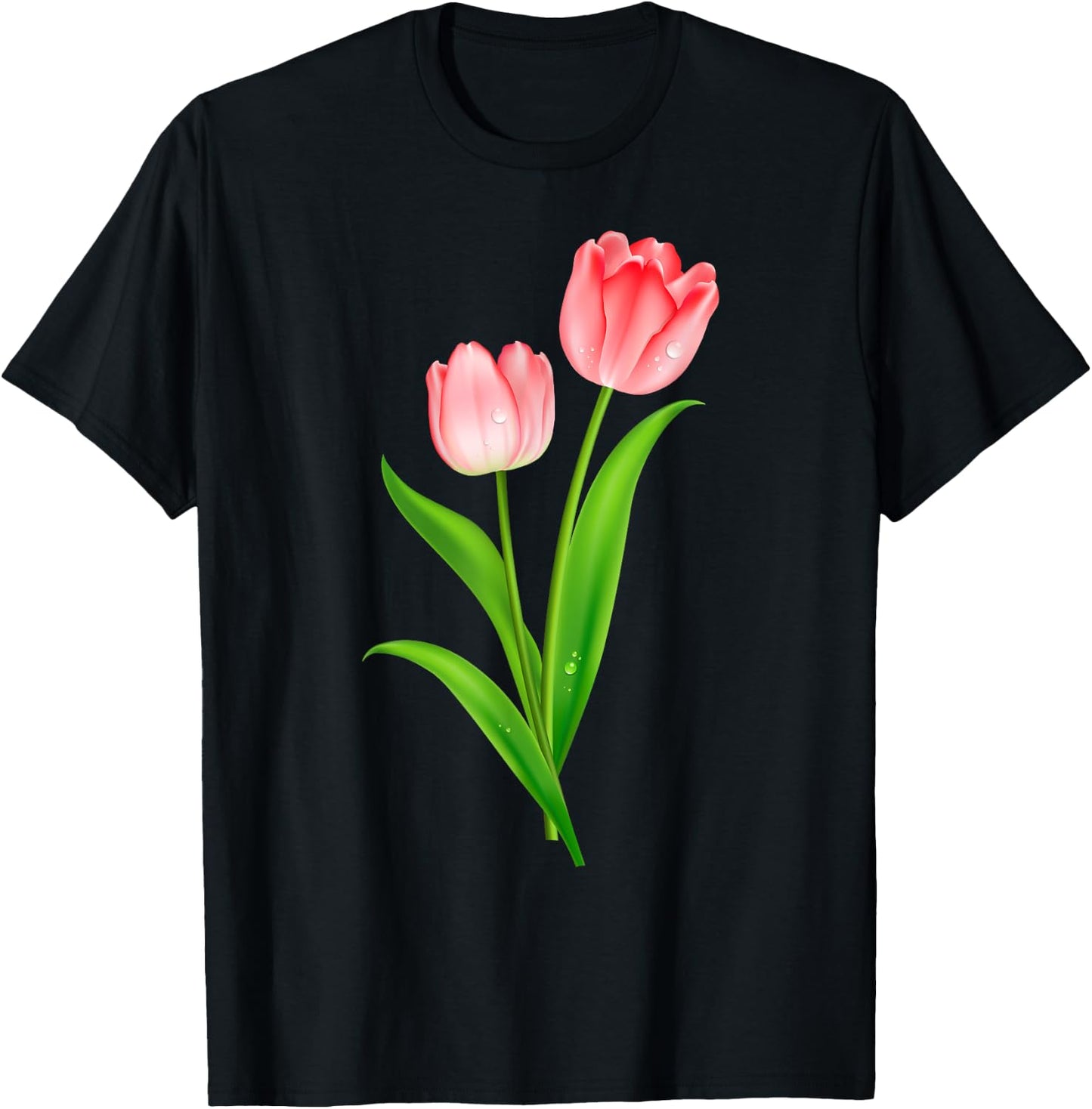 Beautiful Pink Tulip Flower Couple Graphic Artwork T-Shirt - T-Shirt | Black