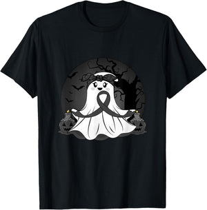 Melanoma Cancer Halloween Ghost Black Ribbon Warrior Month T-Shirt - T-Shirt | Black