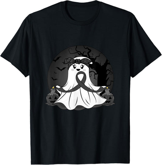 Melanoma Cancer Halloween Ghost Black Ribbon Warrior Month T-Shirt - T-Shirt | Black