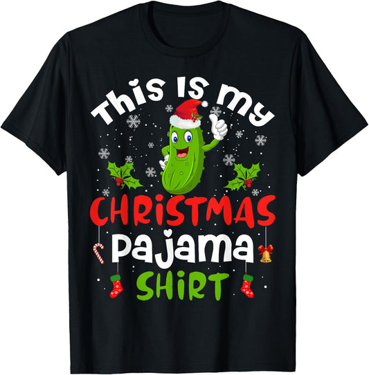 This Is My Christmas Pajama Shirt Pickle Cucumber Santa Hat T-Shirt - T-Shirt | Black