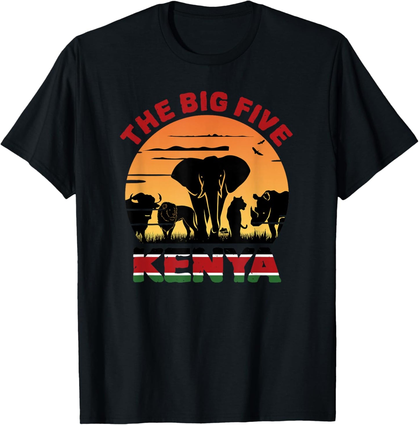 Kenyan Flag, Big Five Kenya Pride Wildlife Safari T-Shirt - T-Shirt | Black