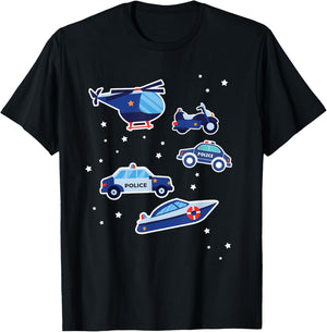 Police Cars Police Vehicles Kids Boys Toddler Cop Car Girls T-Shirt - T-Shirt | Black