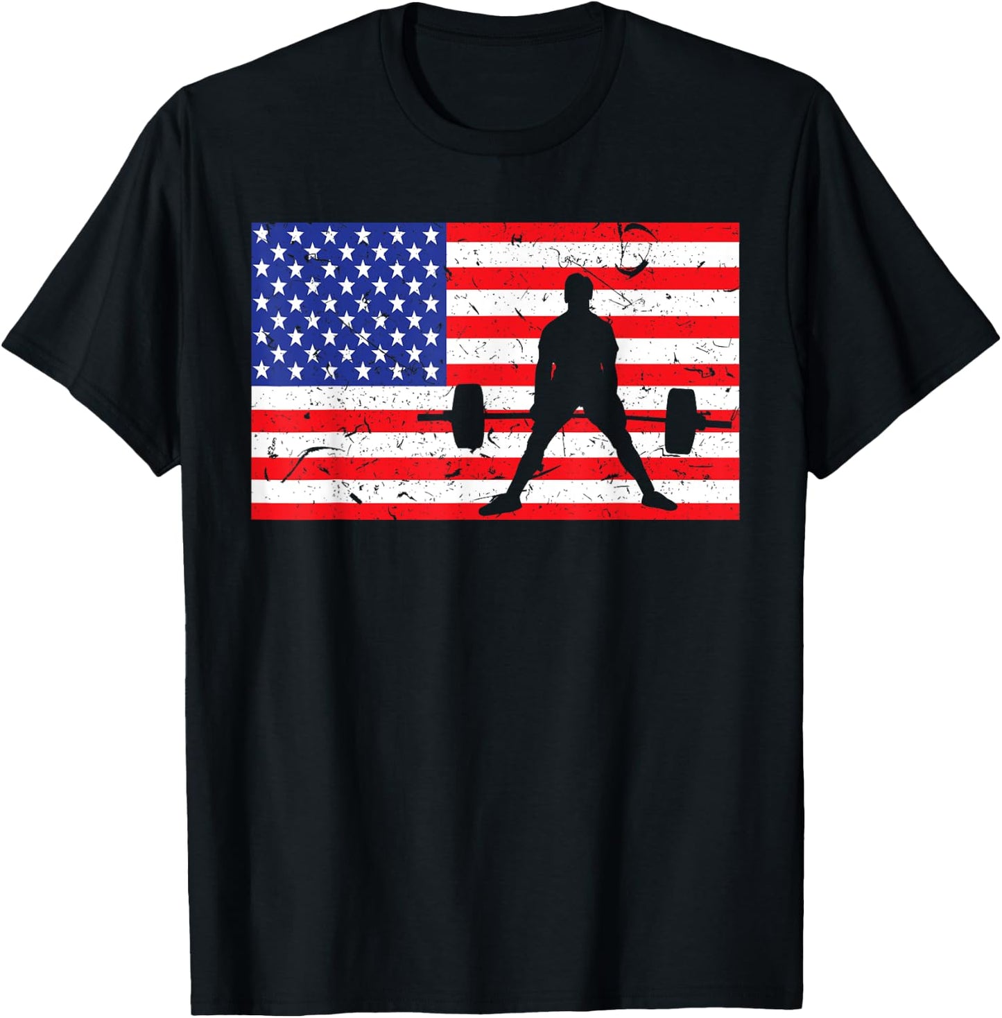 Distressed Powerlifting USA American Flag Vintage Weightlift T-Shirt - T-Shirt | Black