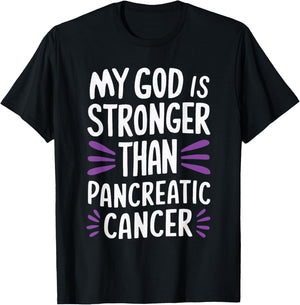 My God Is Stronger Than Pancreatic Cancer Purple Ribbon T-Shirt - T-Shirt | Black