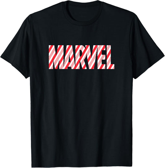 Marvel Comics Retro Classic Christmas Candy Cane Logo T-Shirt - T-Shirt | Black