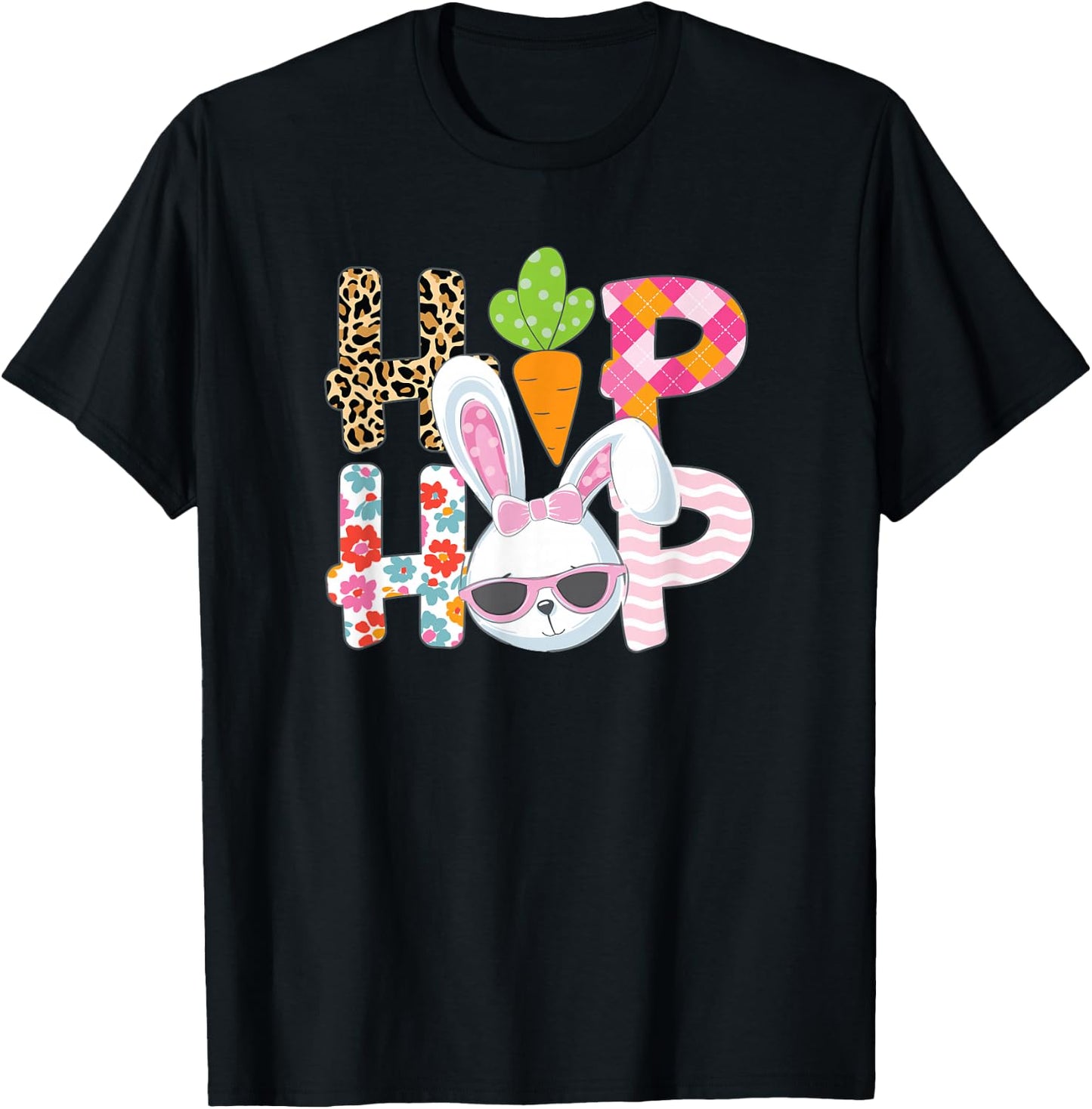 Hip Hop Easter Shirt Women Girls Leopard Print Plaid Bunny T-Shirt - T-Shirt | Black