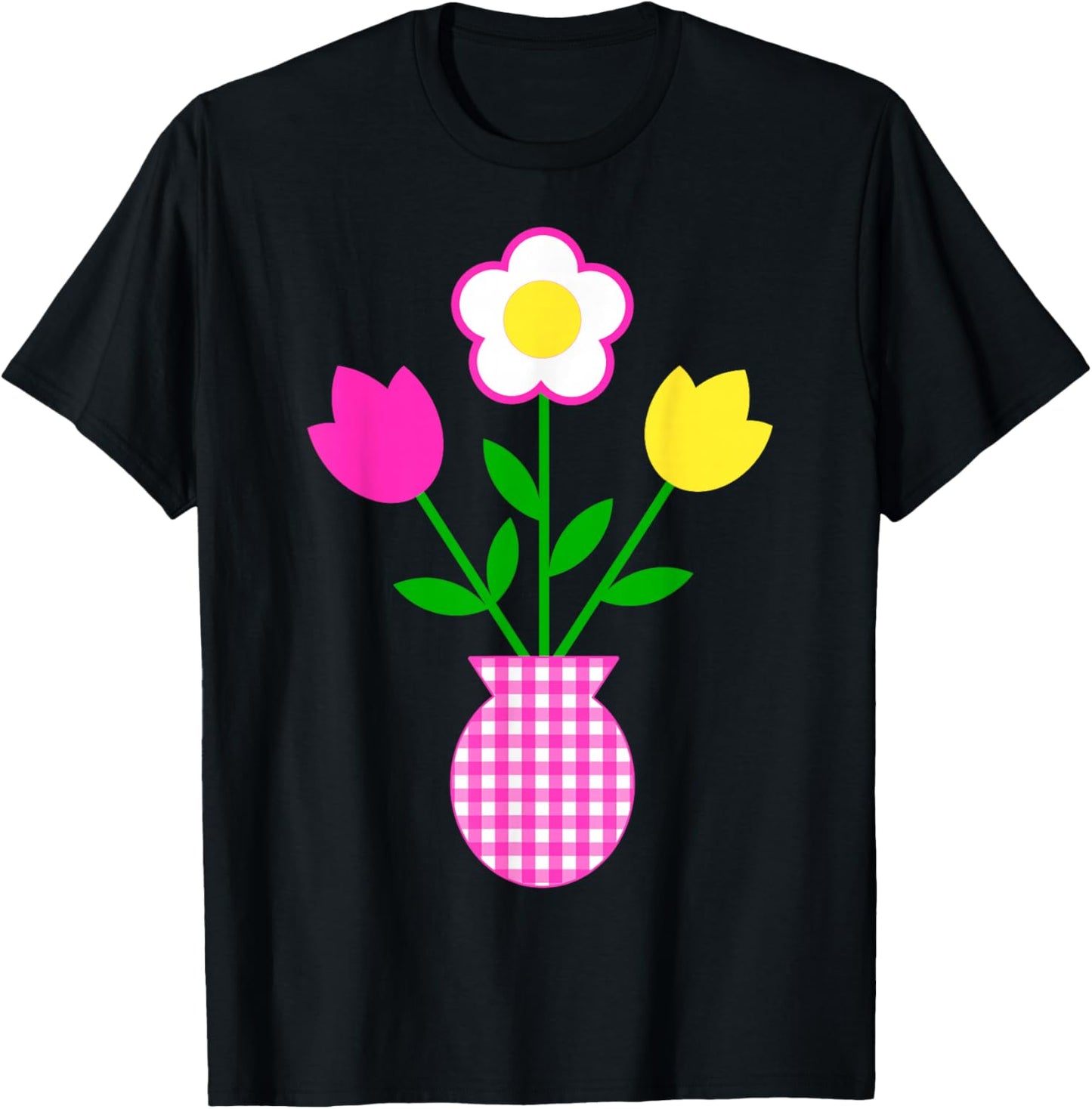 Pink Yellow White Flowers in Tartan Pattern Pot Shapes Mania T-Shirt - T-Shirt | Black