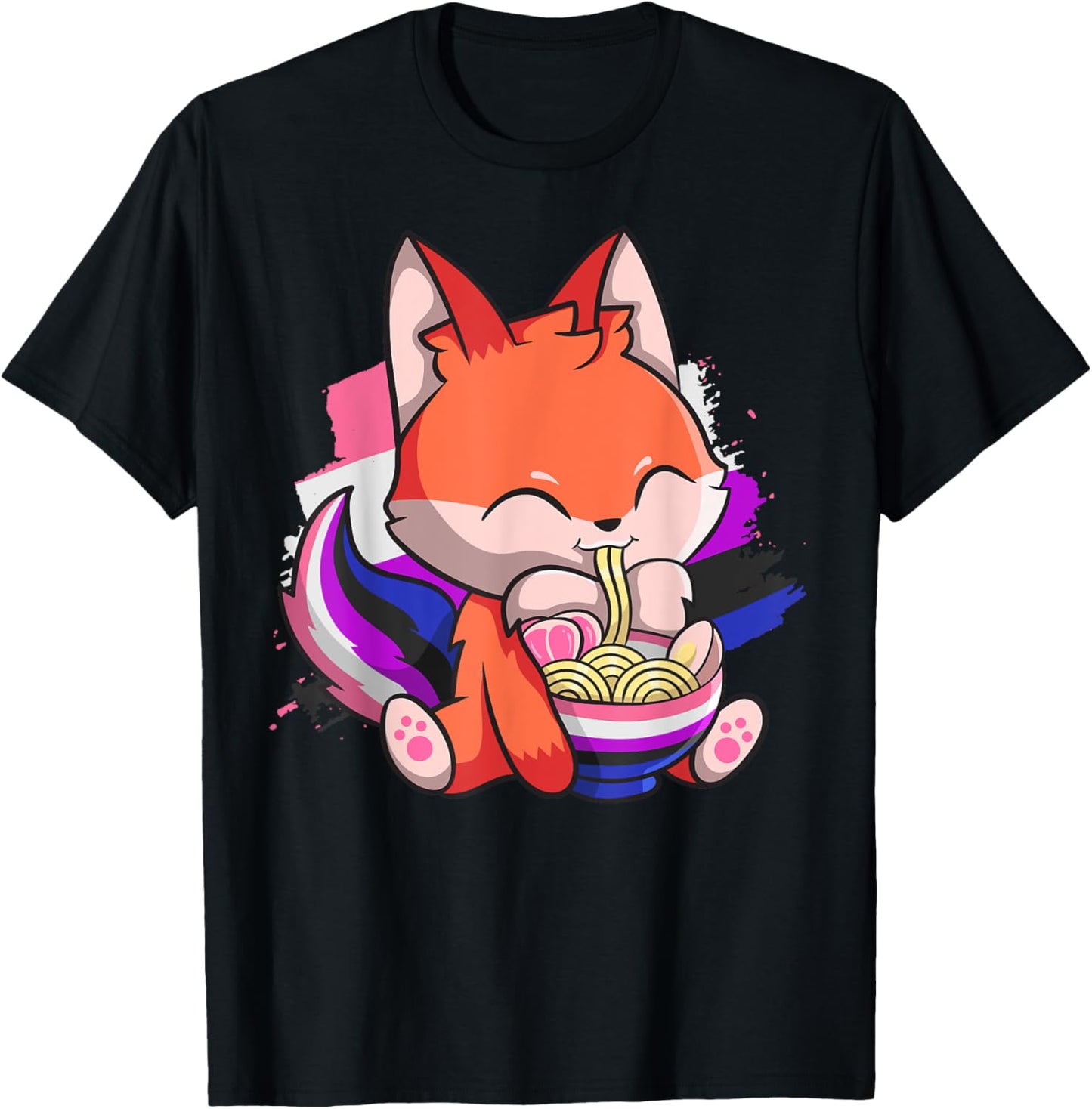 Genderfluid Pride Kawaii Fox Ramen Noodles Genderfluid Flag T-Shirt - T-Shirt | Black