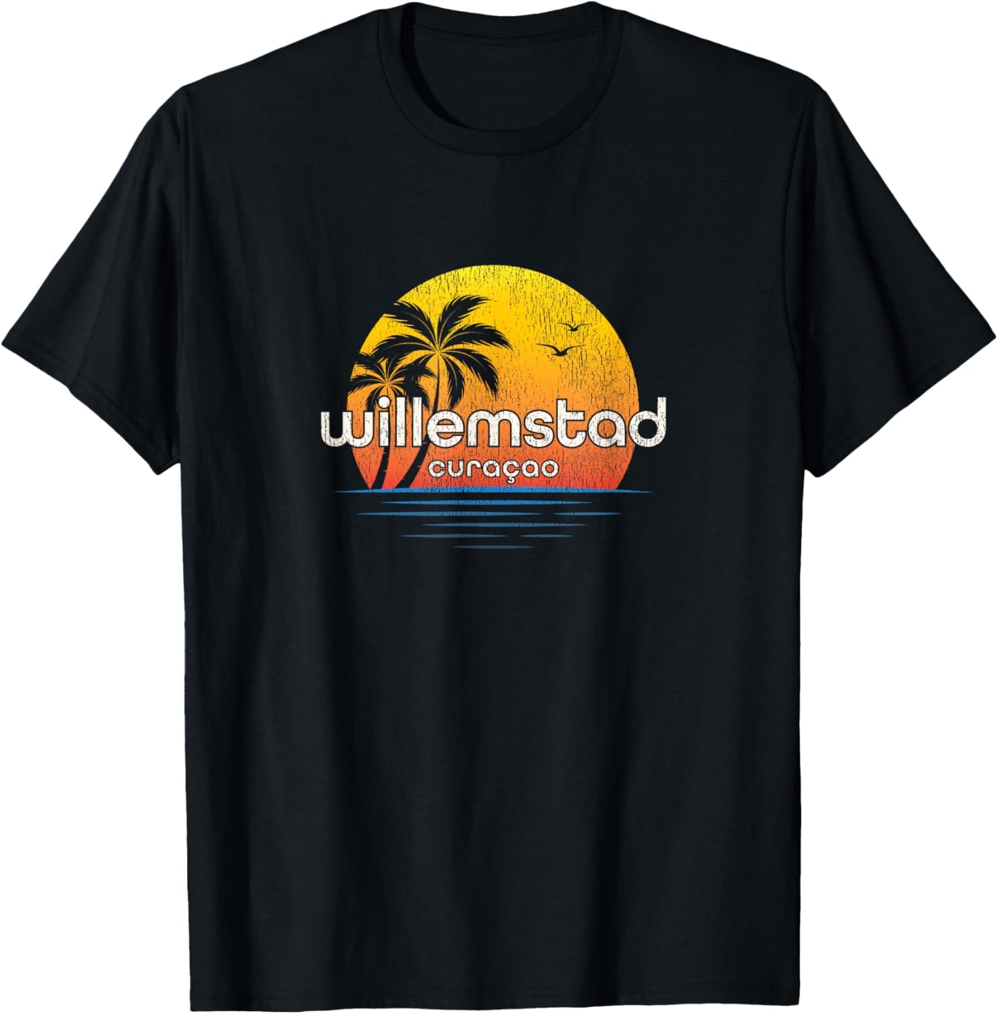 Willemstad Vintage Palm Tree Sunset T-Shirt - T-Shirt | Black
