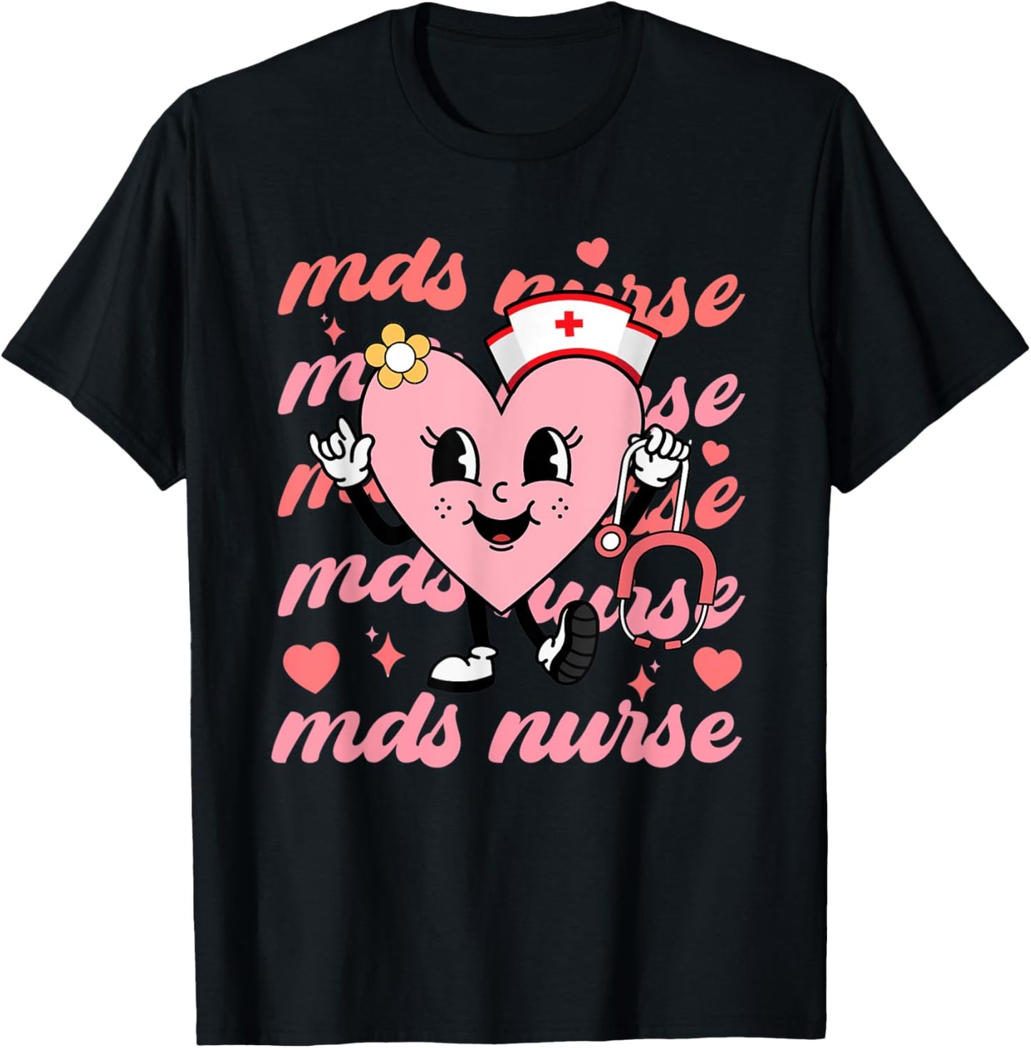 Retro MDS Nurse Valentines Day Hearts Stethoscope Nursing T-Shirt - T-Shirt | Black
