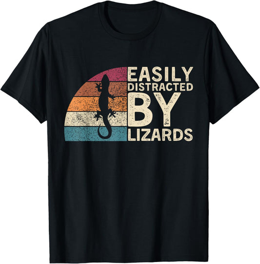 Retro Vintage Easily Distracted By Lizards Reptile Funny T-Shirt - T-Shirt | Black