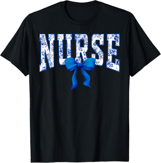 Toile De Jouy Nurse Coquette Bow Nurse Floral T-Shirt - T-Shirt | Black