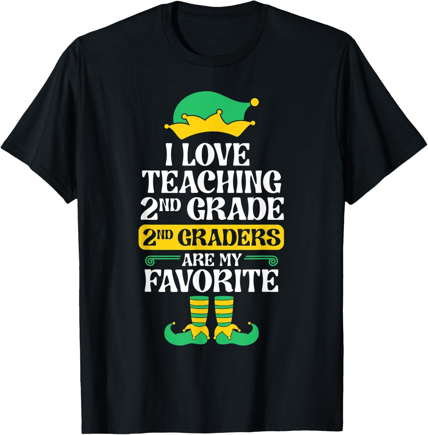 2nd Grade Teacher Elf Christmas School Party I Love Teaching Men Women Kids T-Shirt - T-Shirt | Black