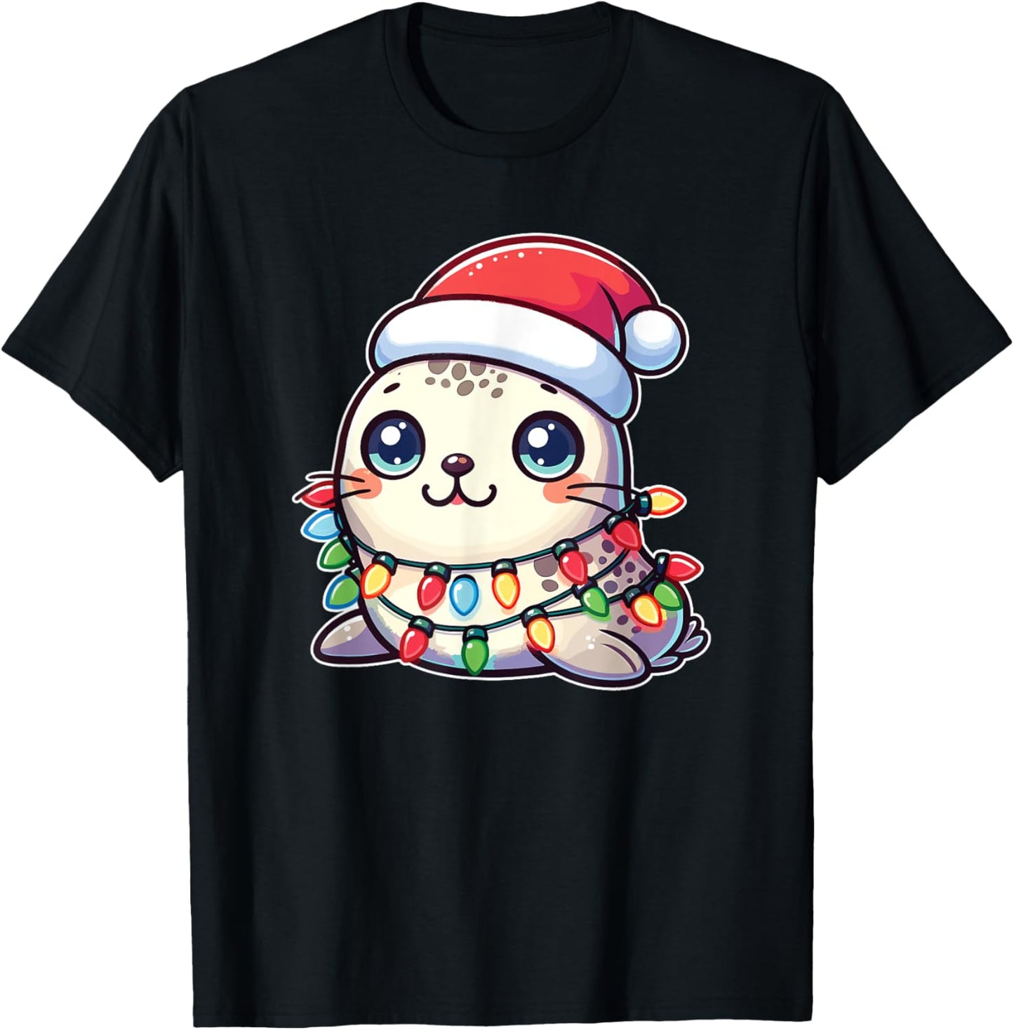 Santa Hat Christmas Fairy Lights Seal T-Shirt - T-Shirt | Black