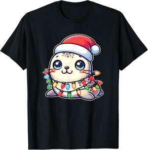 Santa Hat Christmas Fairy Lights Seal T-Shirt - T-Shirt | Black