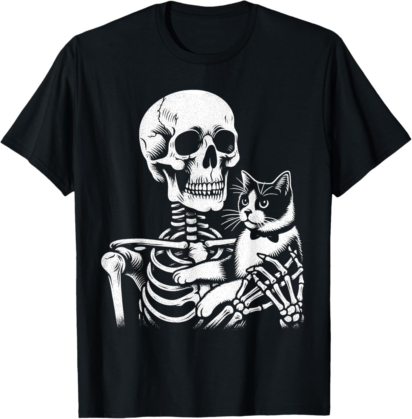 Skeleton Holding A Tuxedo Cat Lazy Halloween Costume Skull Women Kids T-Shirt - T-Shirt | Black