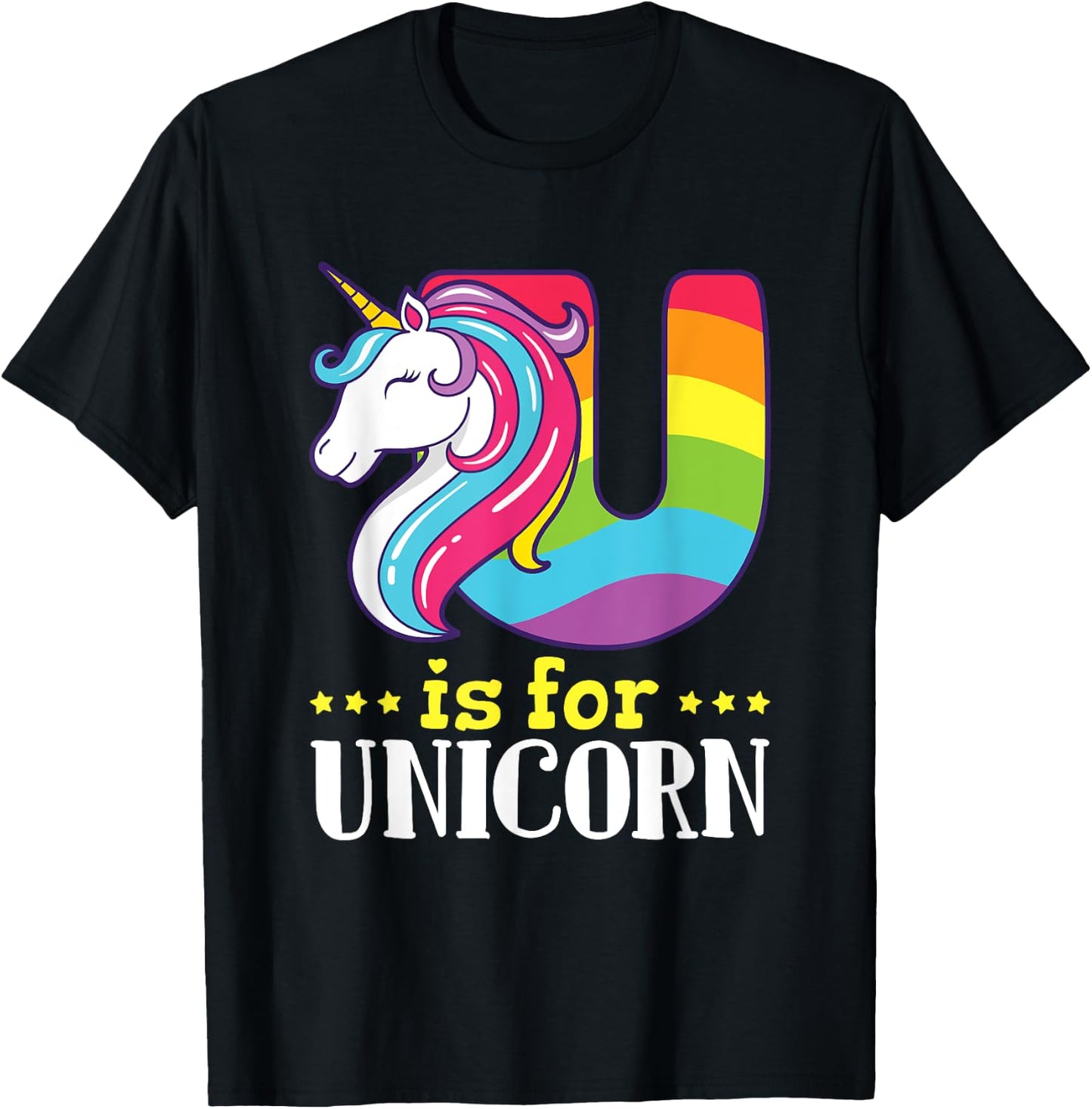 U Is for Unicorn Cute Alphabet Rainbow T-Shirt - T-Shirt | Black