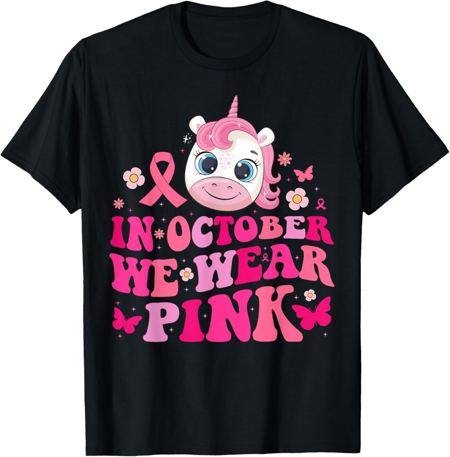 In October We Wear Pink Unicorn Breast Cancer Awareness Kids T-Shirt - T-Shirt | Black