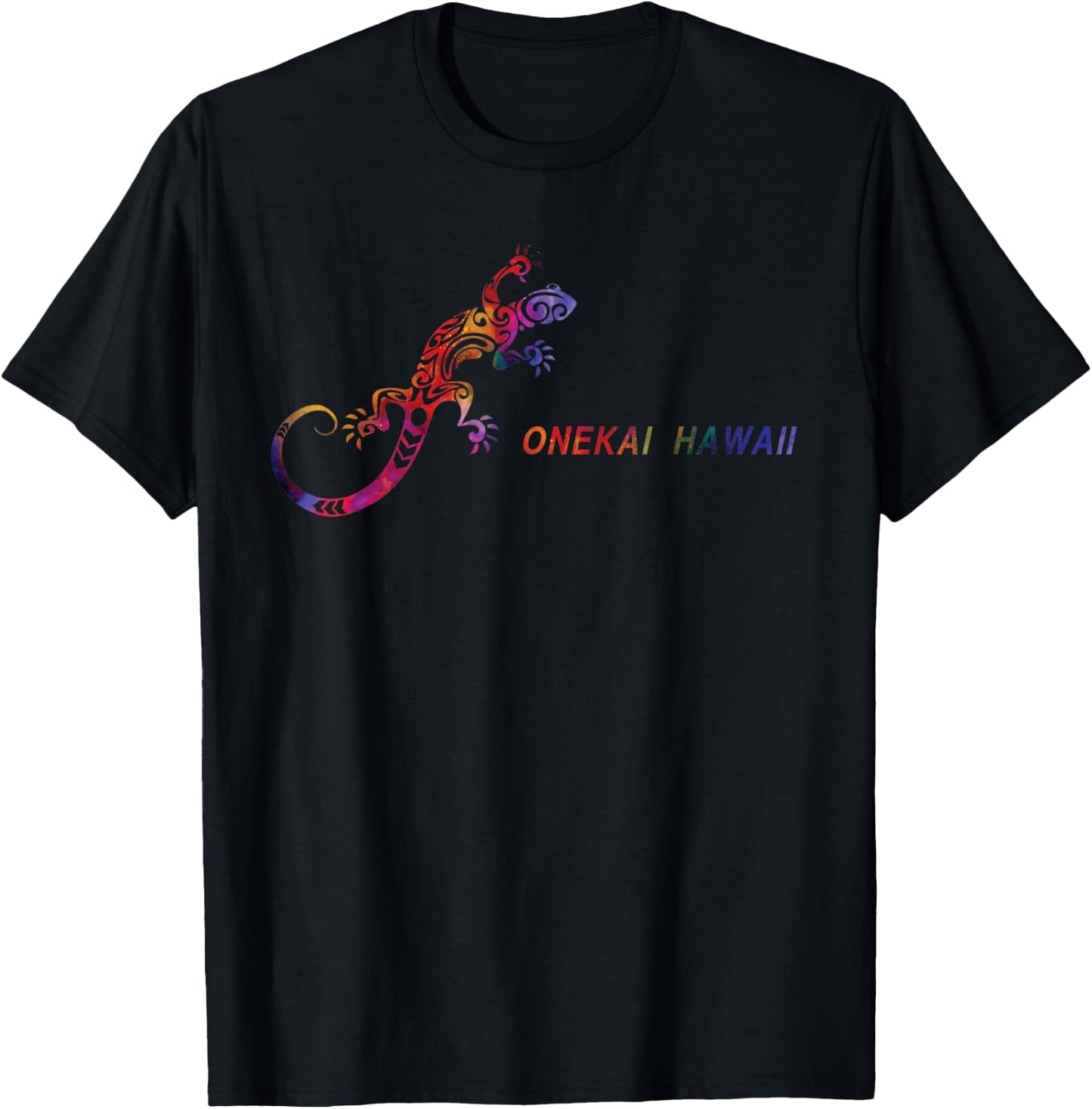 Onekai Hawaii Rainbow Colored Gecko Beach and Surf T-Shirt - T-Shirt | Black