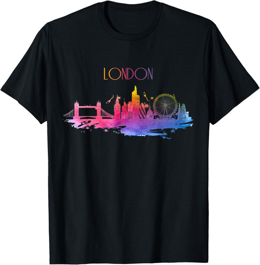 London Skyline Watercolor Art UK England Souvenir Gift T-Shirt - T-Shirt | Black
