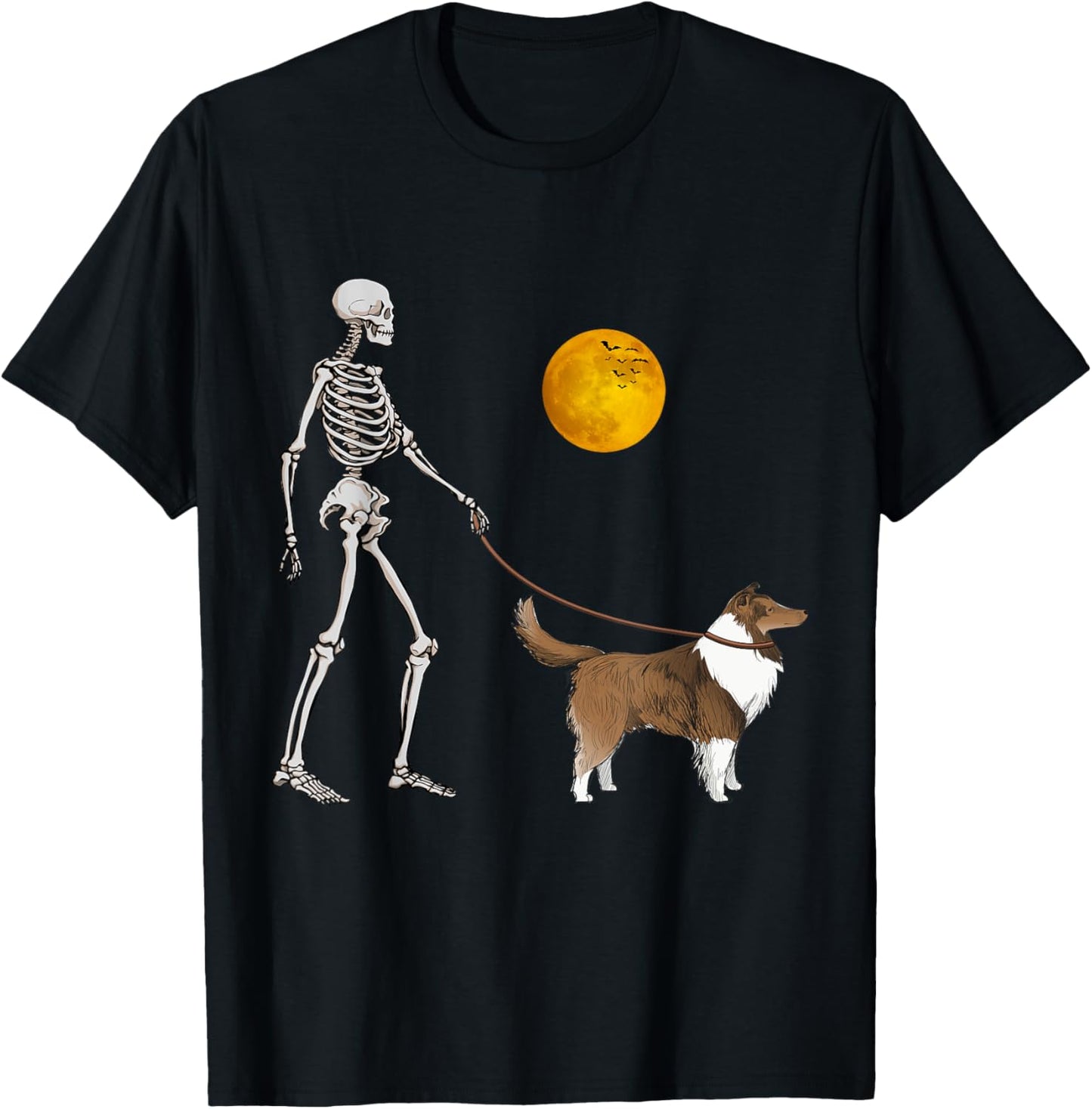 Shetland Sheepdog Skeleton Dog Walking Halloween Costume T-Shirt - T-Shirt | Black