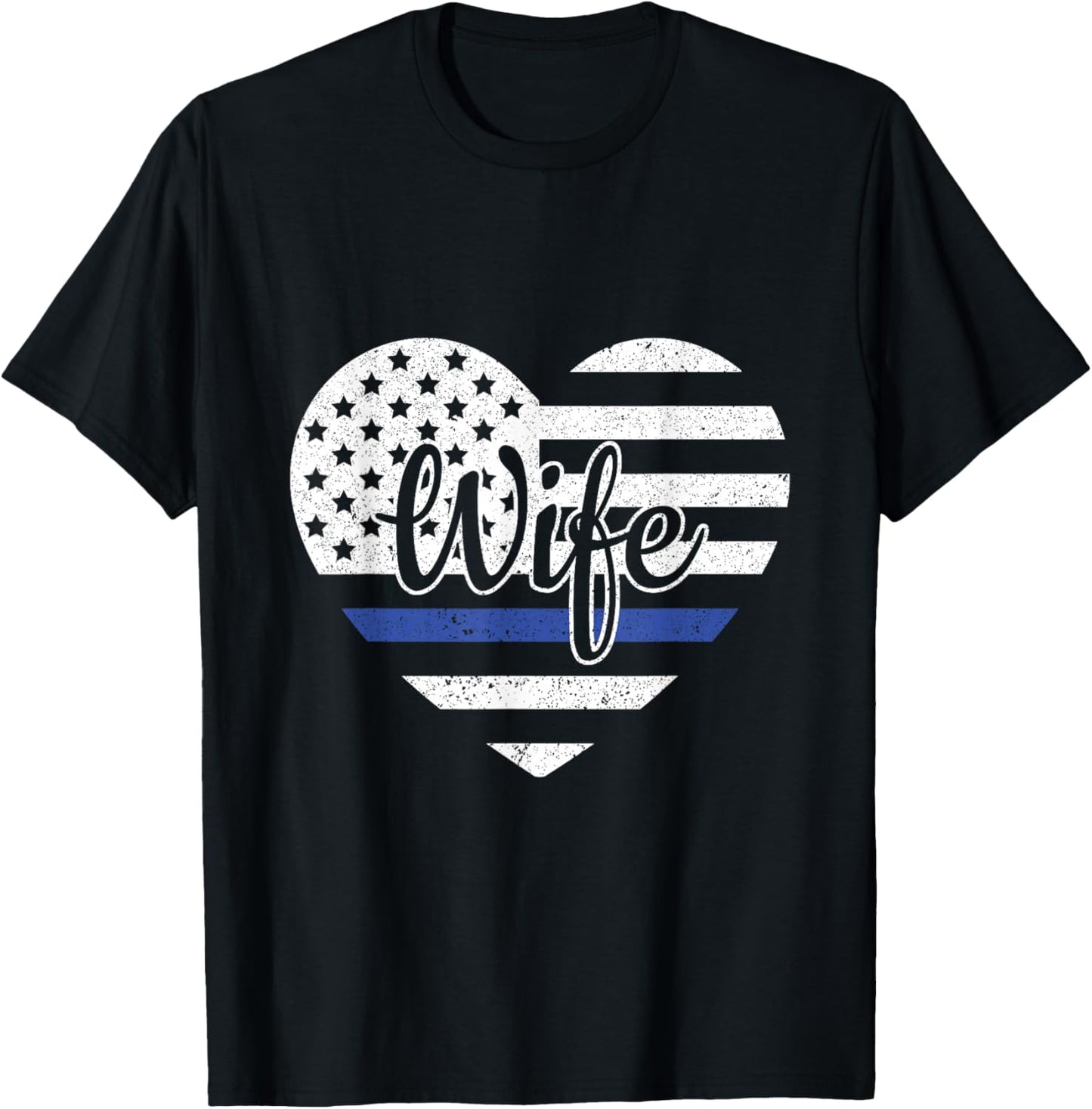 USA Heart Police Officer Wife Blue Line Police Wife Support T-Shirt - T-Shirt | Black