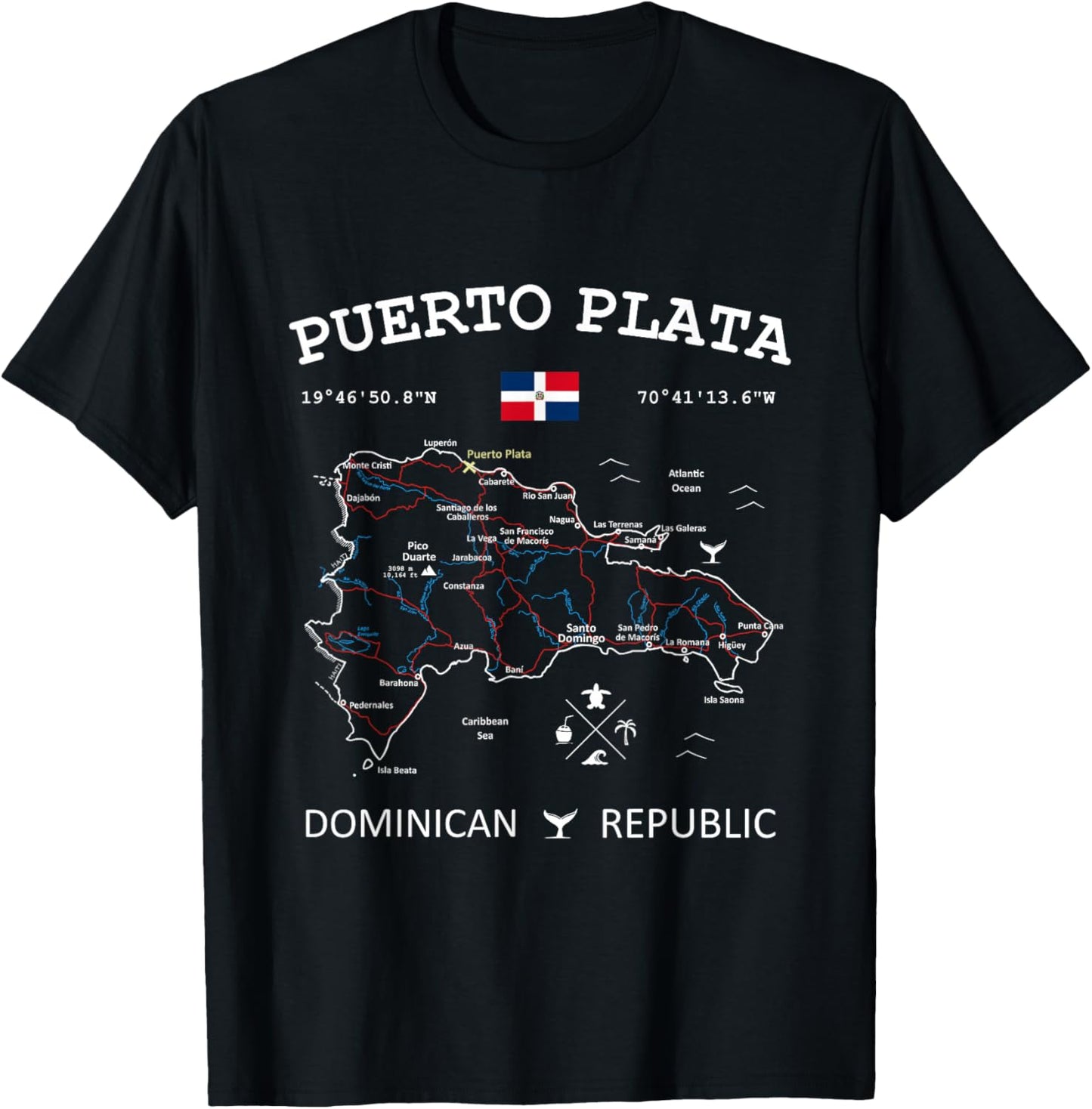 Puerto Plata Dominican Republic Flag Travel Map Coordinates T-Shirt - T-Shirt | Black