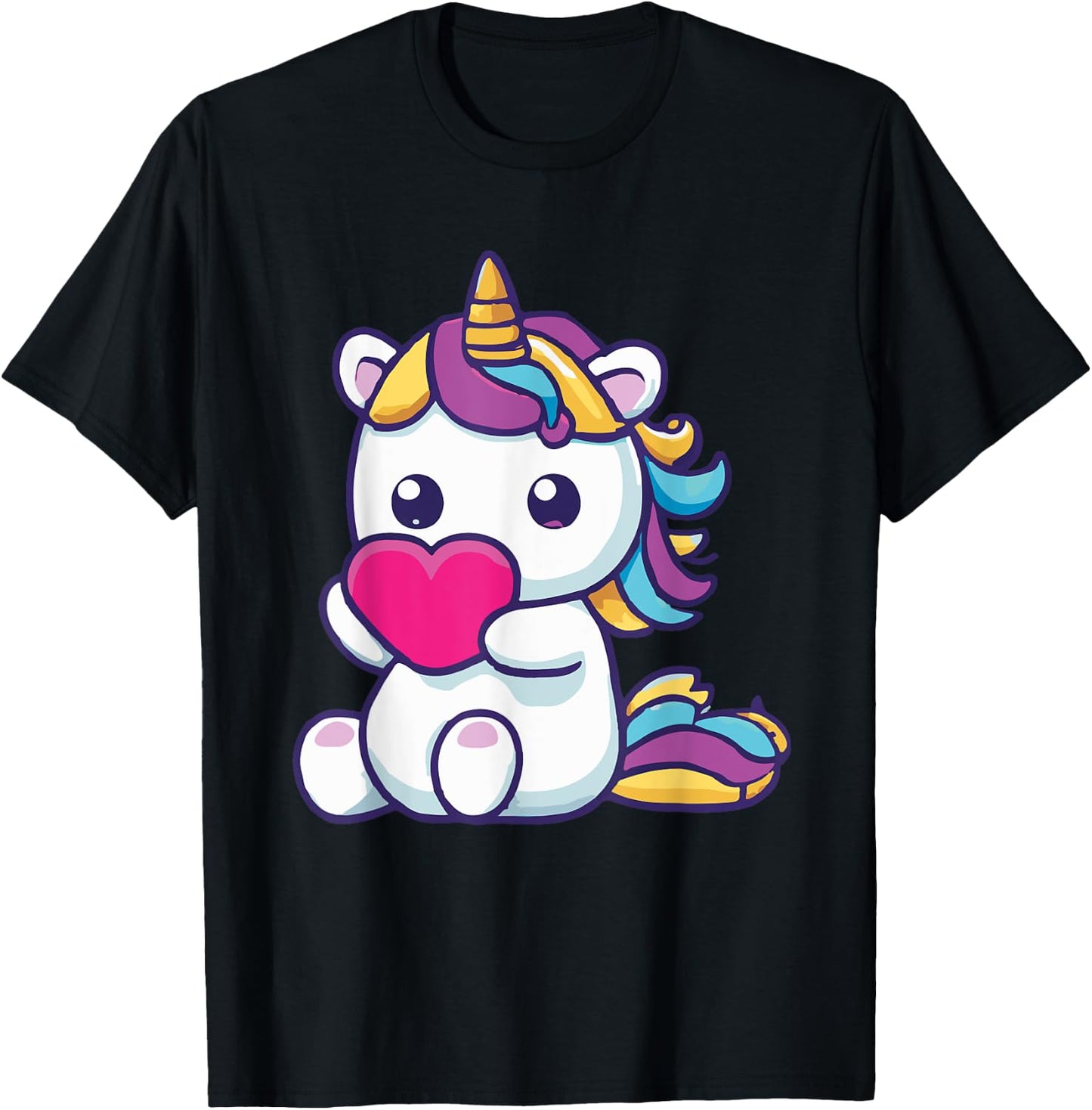 Unicorn Holding A Heart Rainbow Cute T-Shirt - T-Shirt | Black