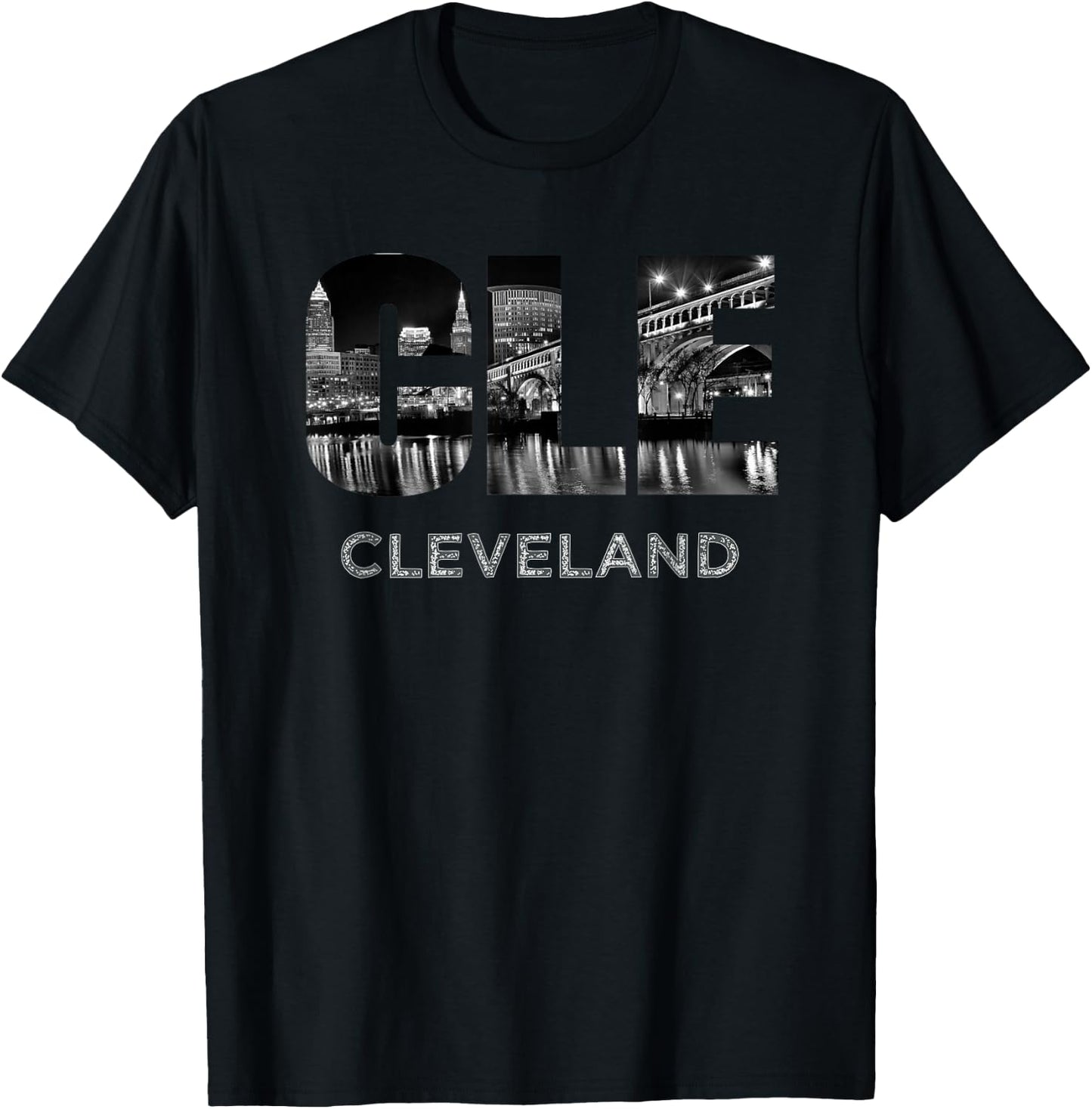 CLE The Land Night Downtown Cleveland Skyline Art Ohio Gifts T-Shirt - T-Shirt | Black