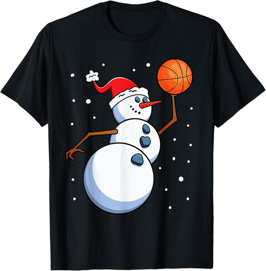 Snowman Basketball Player Santa Hat Men Boys Christmas Xmas T-Shirt - T-Shirt | Black