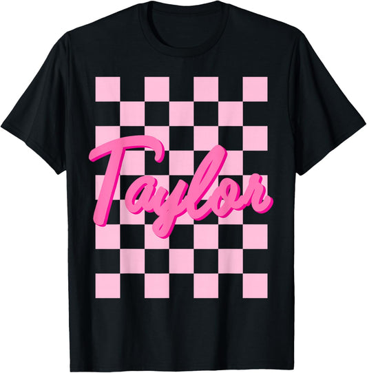 Girl Retro Taylor First Name Personalized Groovy Birthday T-Shirt - T-Shirt | Black