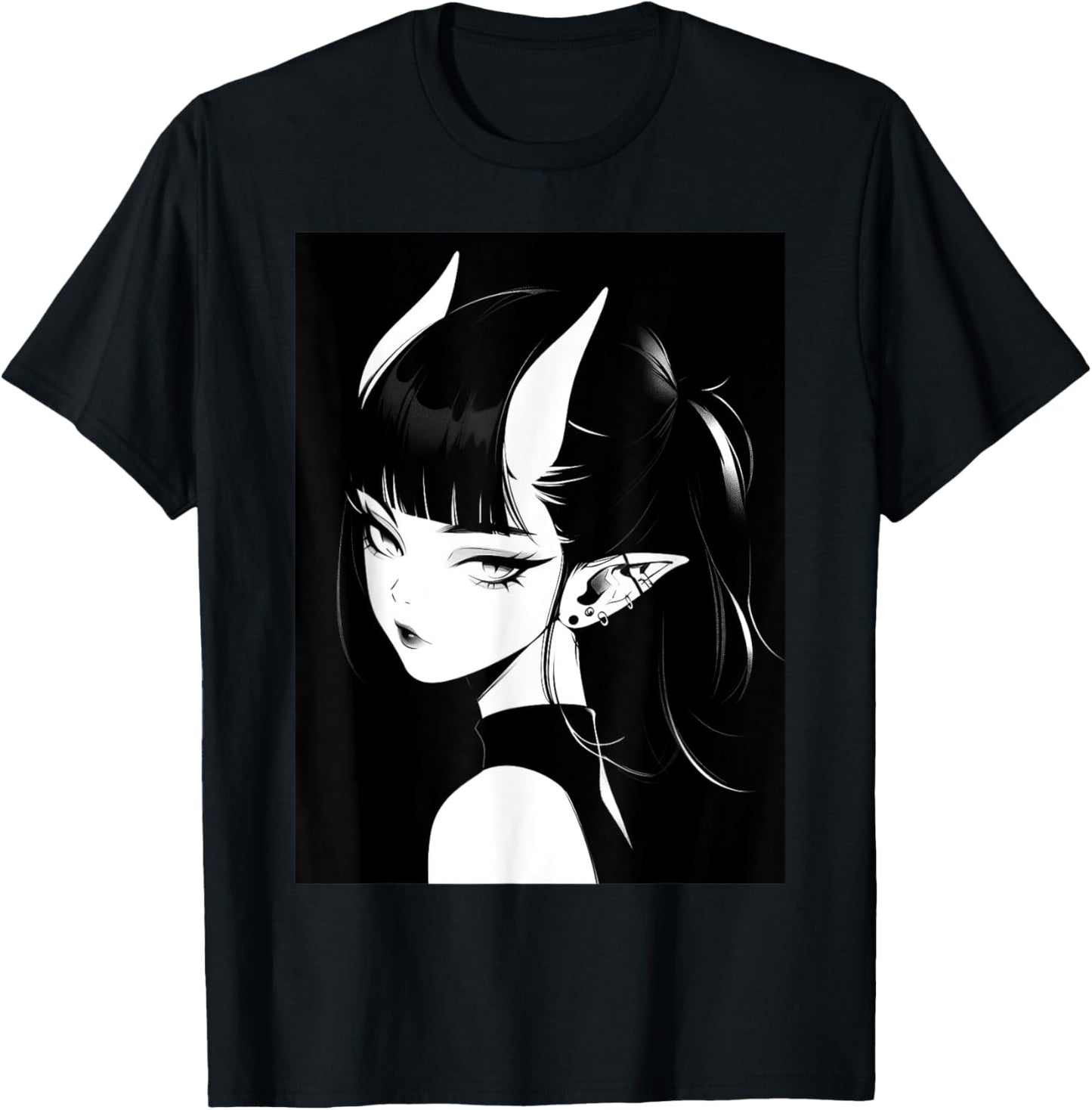 Anime Girl Horns Soft Grunge Waifu Gothic Girl T-Shirt - T-Shirt | Black