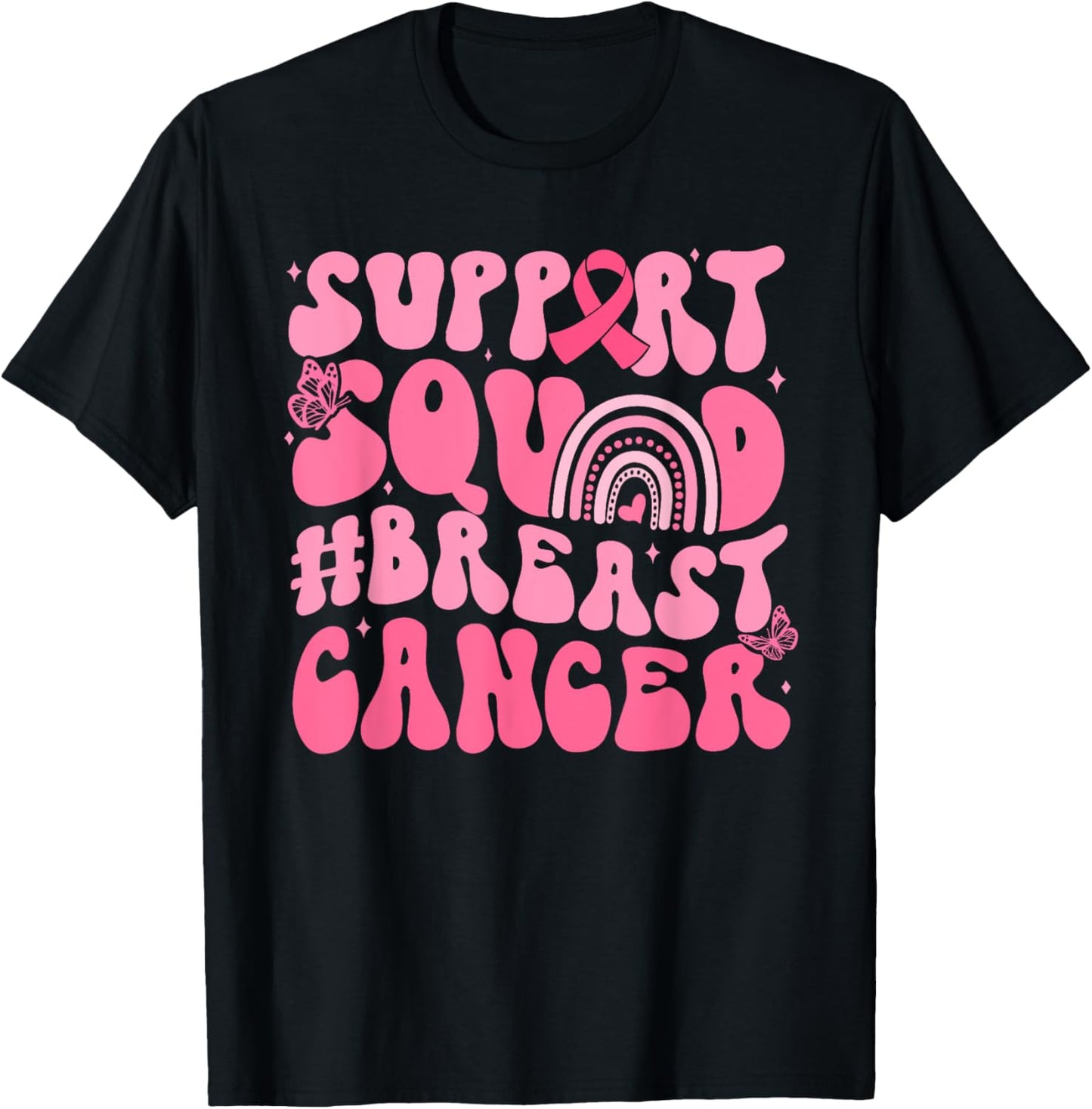 Boho Groovy Pink Rainbow Breast Cancer Support Squad T-Shirt - T-Shirt | Black